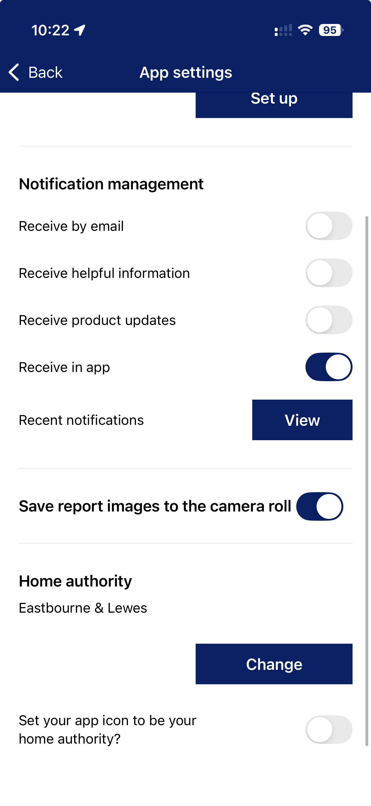 App settings screen on the Love Clean Streets app