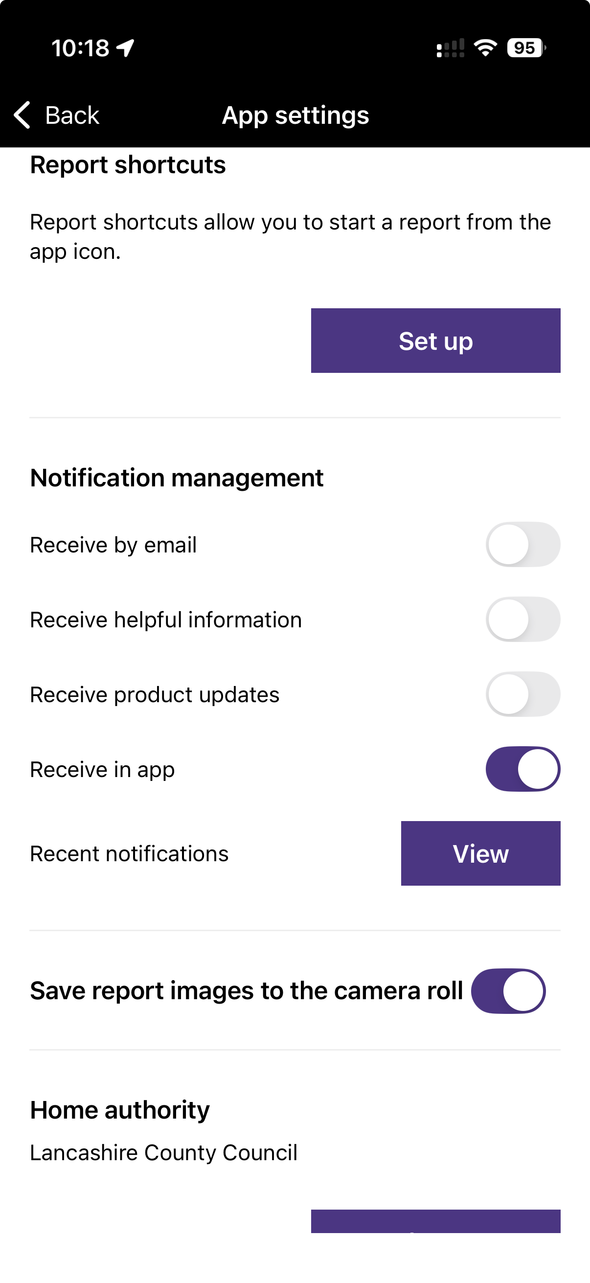 Authority settings screen on the Love Clean Streets app