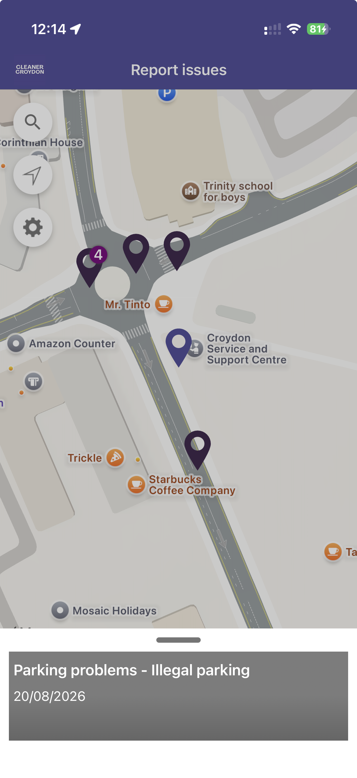 Nearby reports on the app map screen on the Love Clean Streets app
