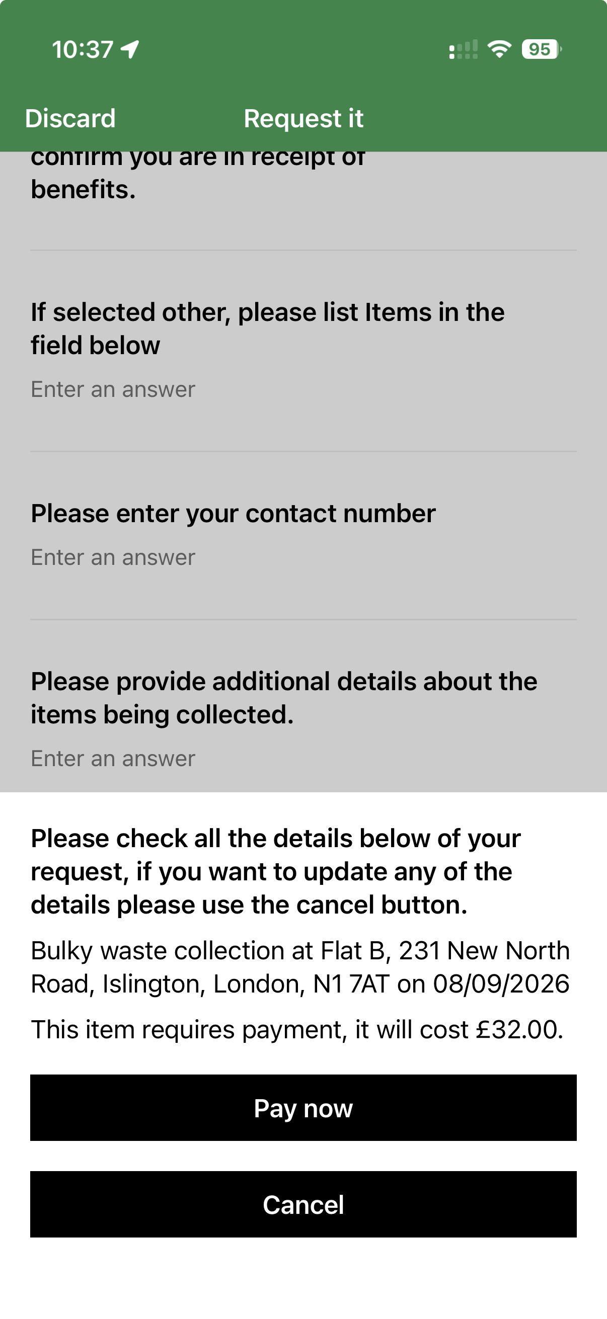 Review and pay if required screen on the Love Clean Streets app