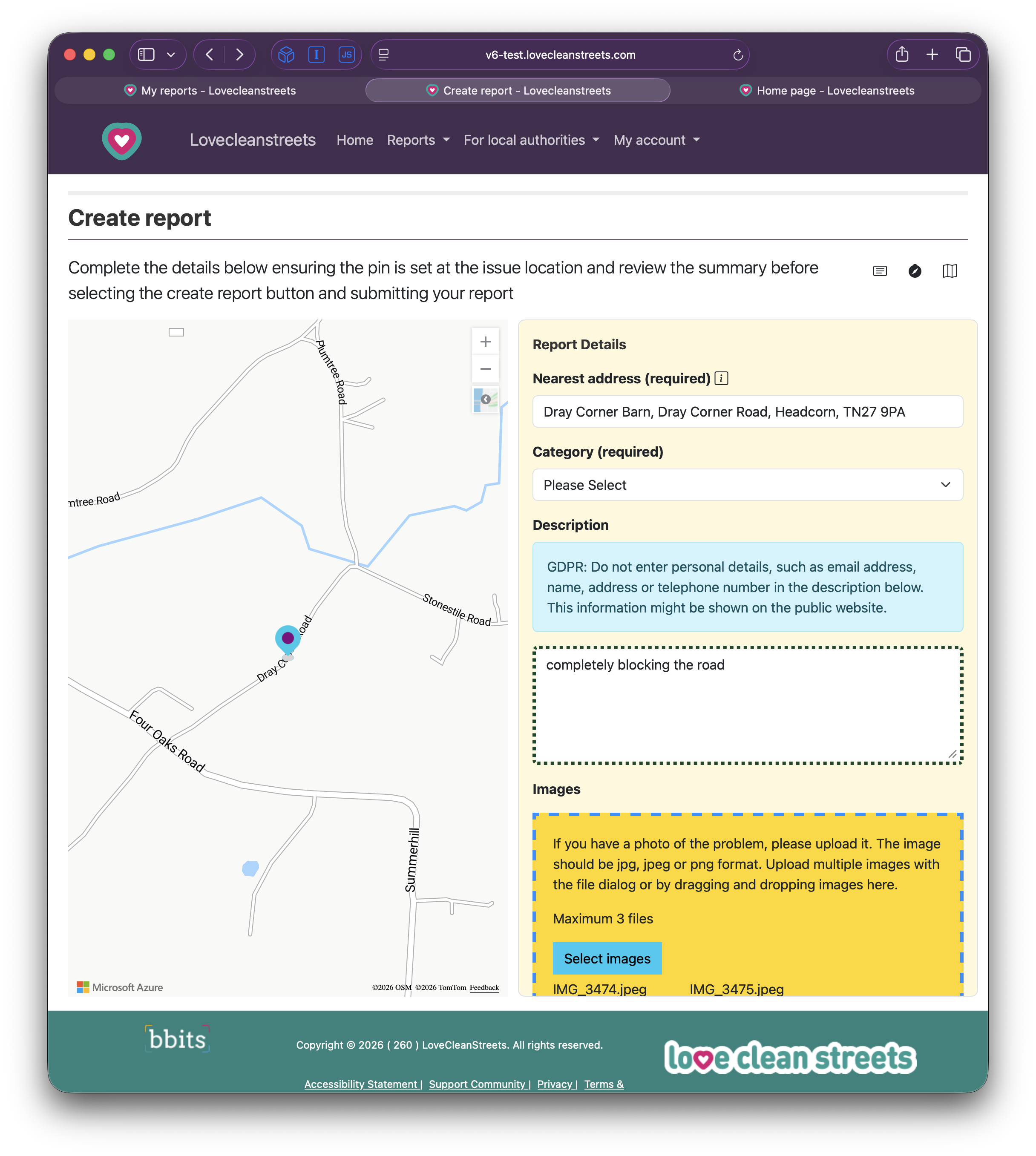Place the report pin screen on the Love Clean Streets website
