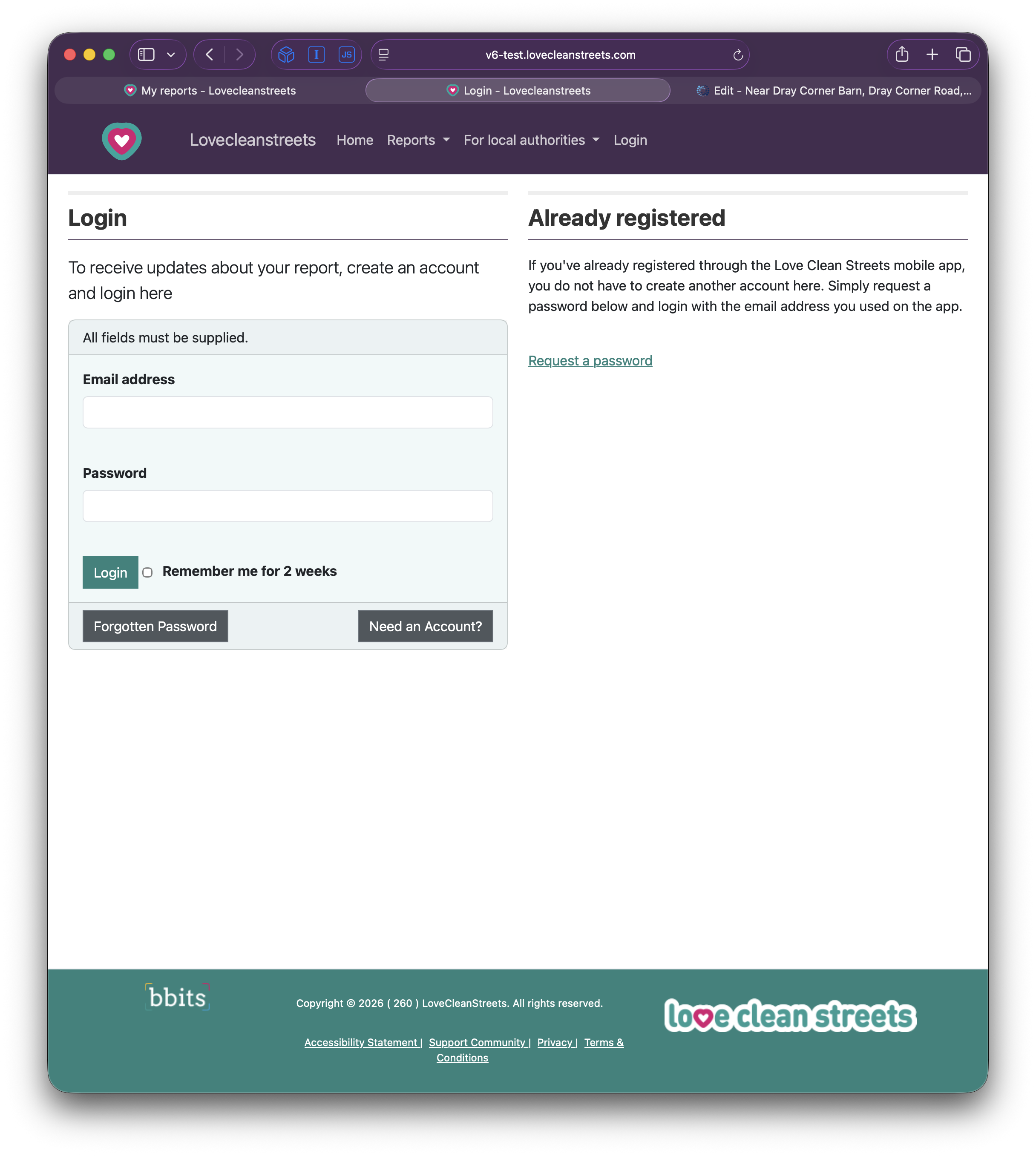 Log in or create an account screen on the Love Clean Streets website